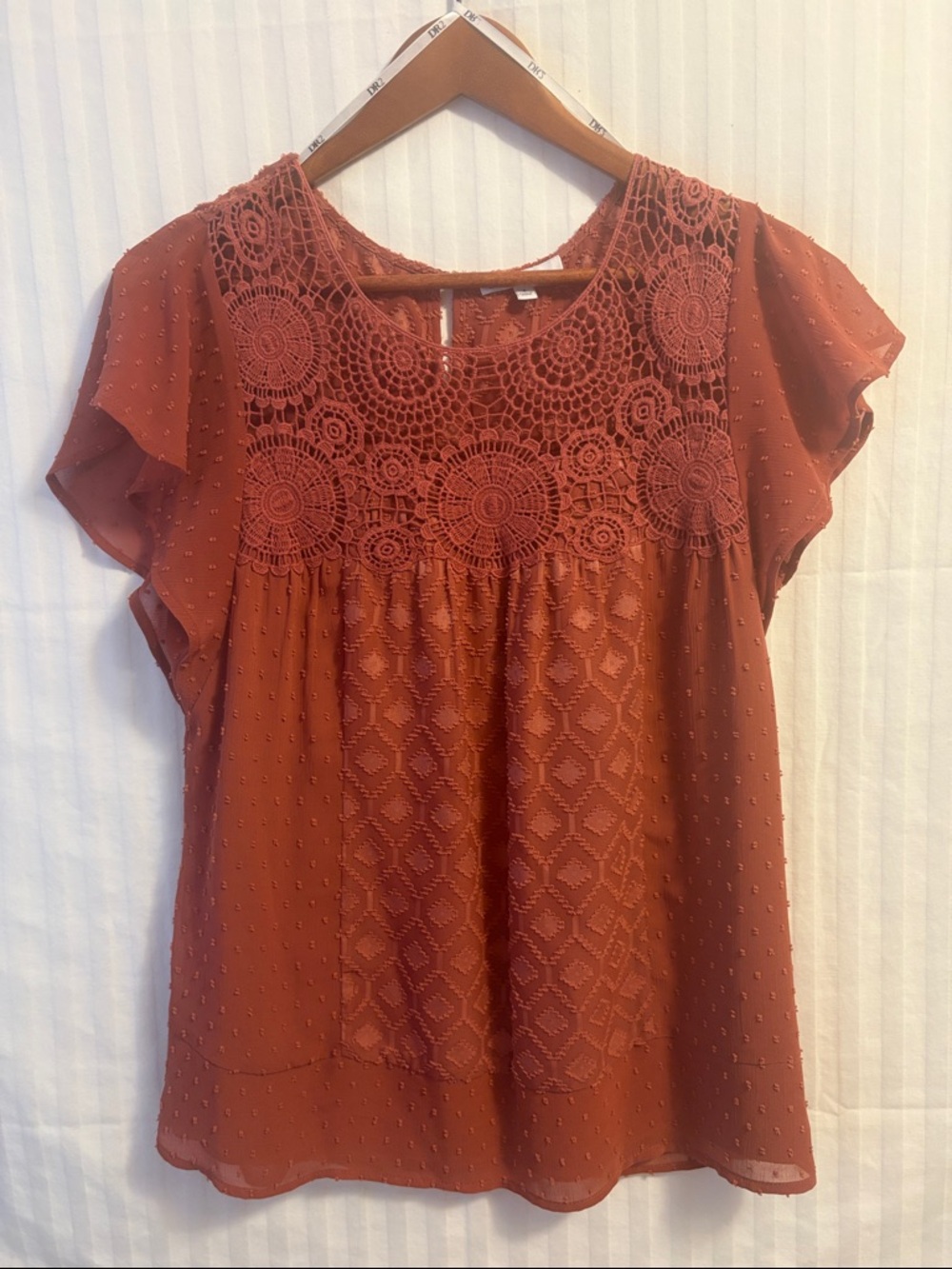 EUC Boho Crochet Blouse Festival Top / Flowy Sheer Swiss Dot Top Size Small